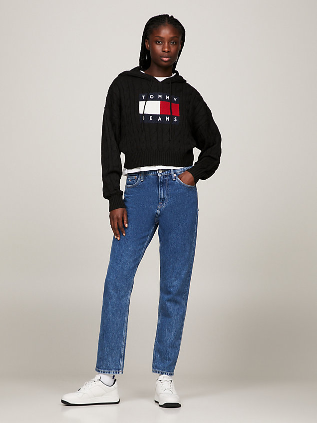 black cropped cable knit flag badge hoody for women tommy jeans