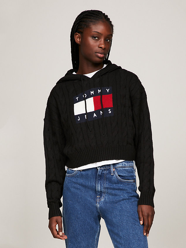 black cropped cable knit flag badge hoody for women tommy jeans