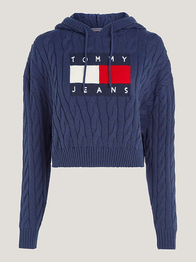 blue cropped cable knit flag badge hoody for women tommy jeans