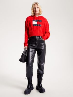 Cropped Cable Knit Flag Badge Hoody Red Tommy Hilfiger