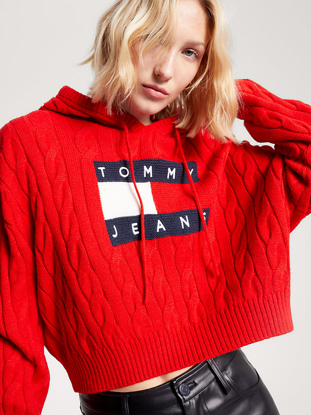 Cropped Cable Knit Flag Badge Hoody | Red | Tommy Hilfiger