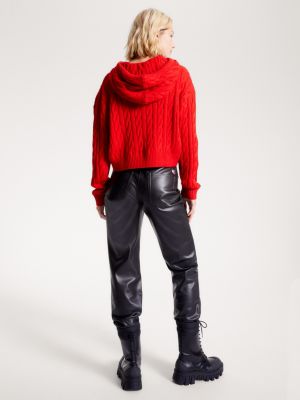 red cropped cable knit flag badge hoody for women tommy jeans