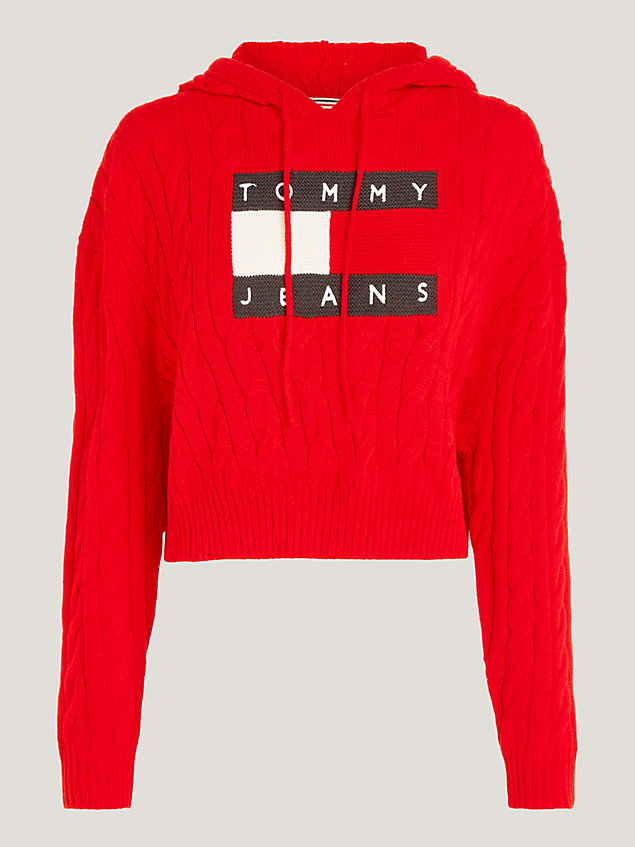 red cropped cable knit flag badge hoody for women tommy jeans