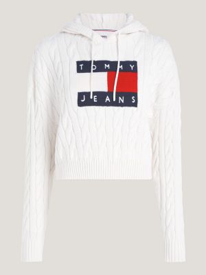 Cropped Cable Knit Flag Badge Hoody White Tommy Hilfiger