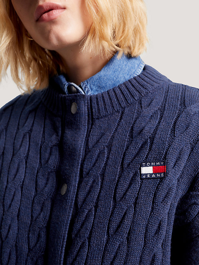 blue cable knit badge relaxed cardigan for women tommy jeans