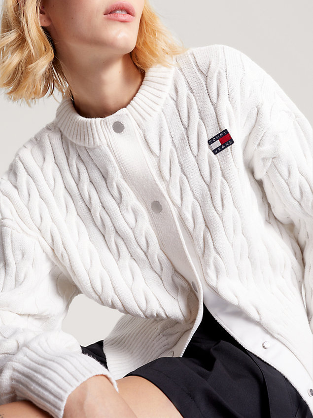 white cable knit badge relaxed cardigan for women tommy jeans