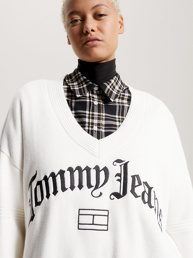 white logo oversized v-neck jumper for women tommy jeans