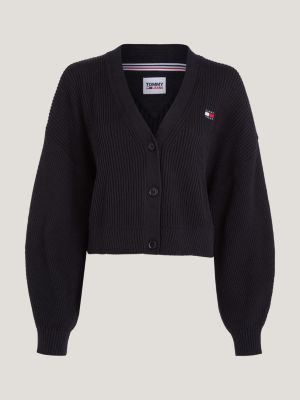 black essential relaxed fit geribd vest met v-hals voor dames - tommy jeans