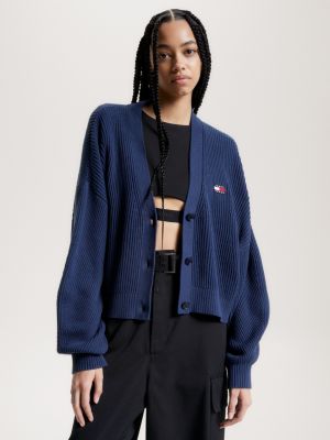 Essential Ribbed V-Neck Relaxed Cardigan | Blue | Tommy Hilfiger