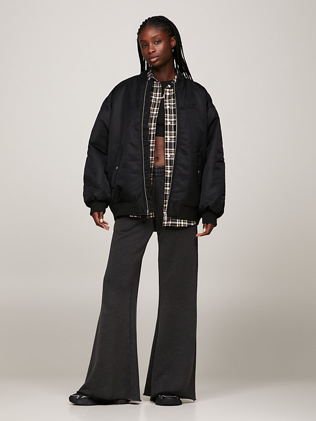 black tonal appliqué padded oversized bomber jacket for women tommy jeans