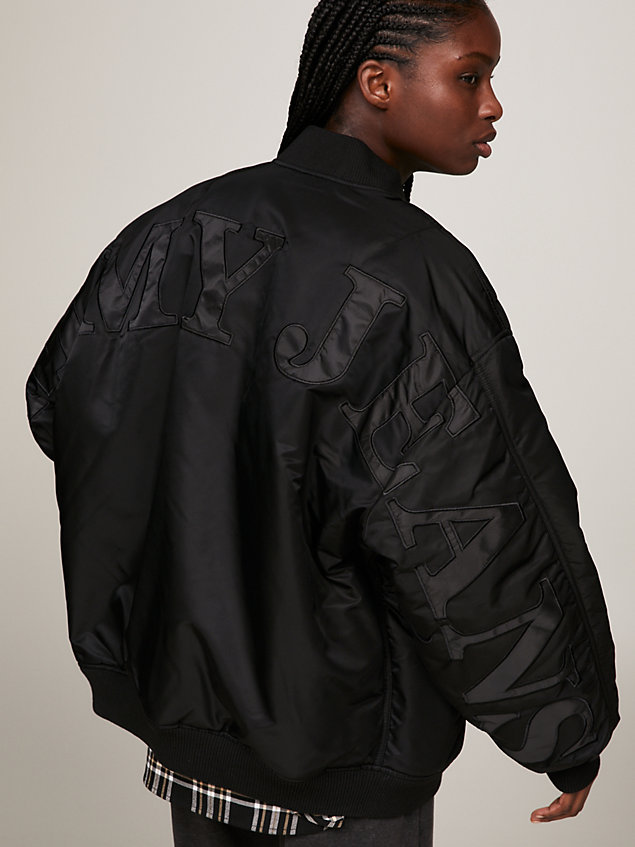 black tonal appliqué padded oversized bomber jacket for women tommy jeans