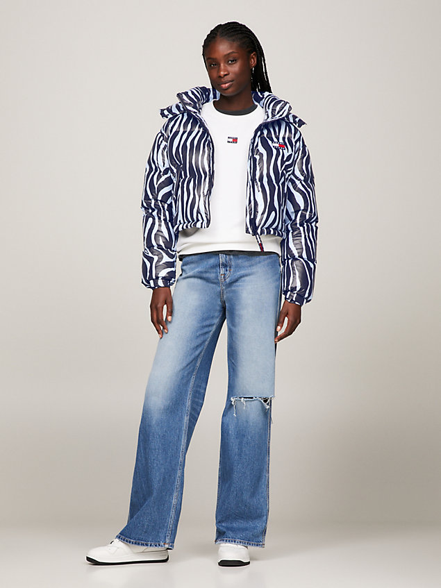 blue cropped zebra recycled down alaska puffer jacket for women tommy jeans