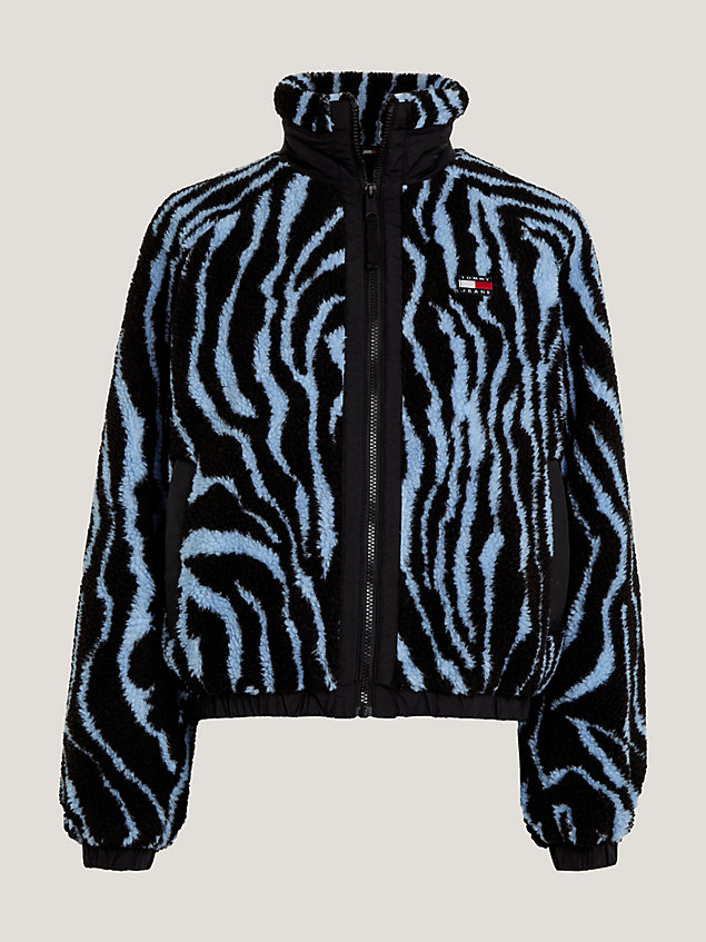 blue wattierte sherpa-jacke mit zebra-print für damen - tommy jeans
