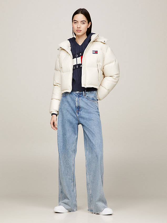beige recycled cropped down alaska puffer jacket for women tommy jeans