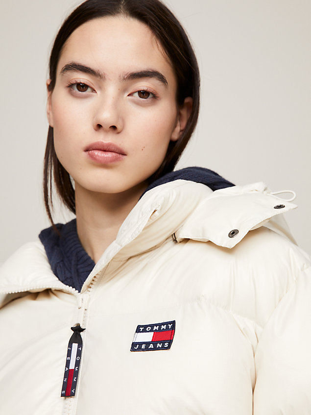 beige recycled cropped down alaska puffer jacket for women tommy jeans