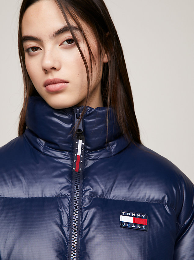 blue recycled cropped down alaska puffer jacket for women tommy jeans