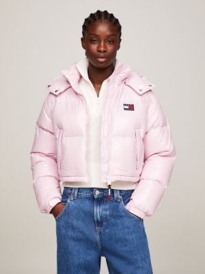 Pink puffer jacket on sale cropped