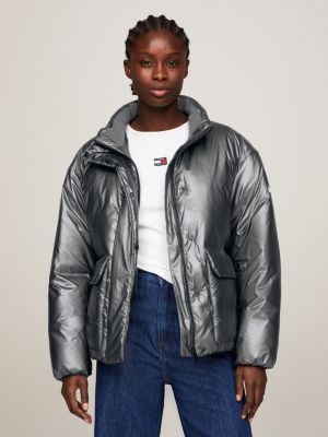 Metallic hooded store puffer jacket