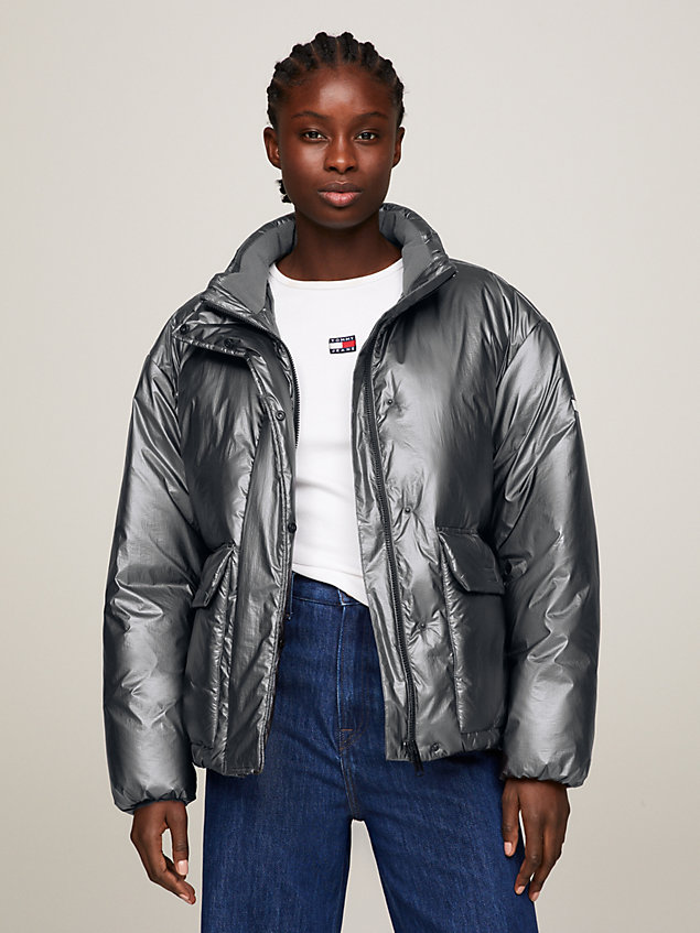 grey metallic recycled puffer jacket for women tommy jeans