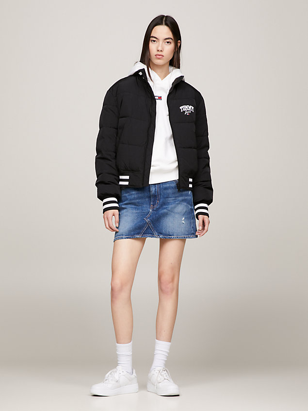 black varsity recycled puffer jacket for women tommy jeans