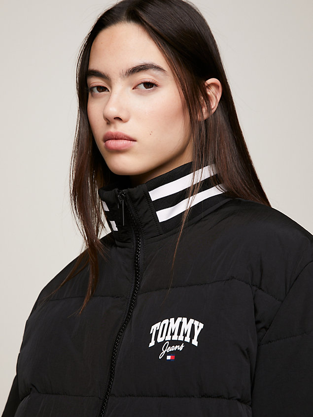 black varsity recycled puffer jacket for women tommy jeans