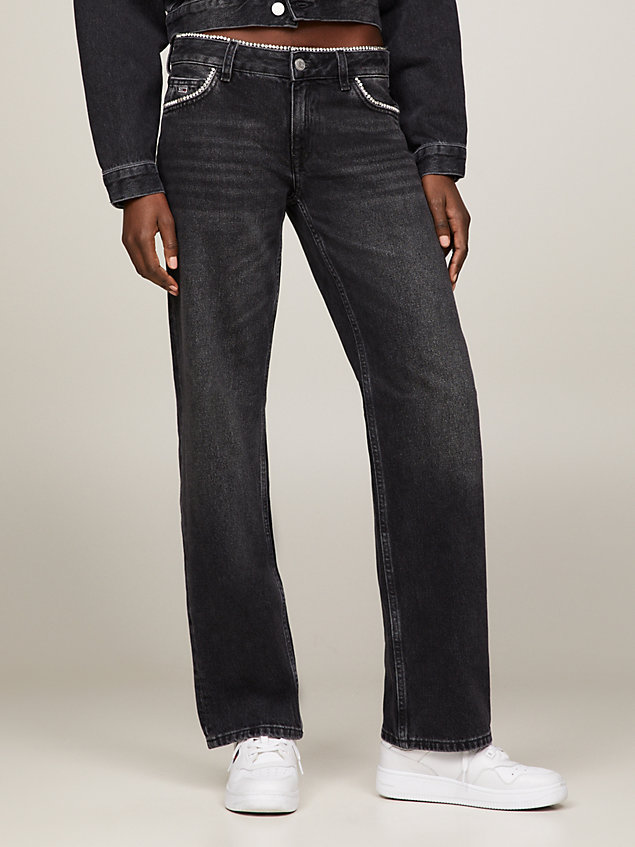 denim bling sophie schwarze straight jeans mit niedrigem bund für damen - tommy jeans