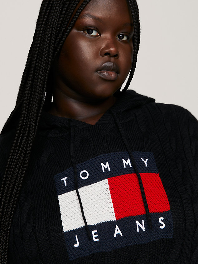 black curve cable knit hoody dress for women tommy jeans