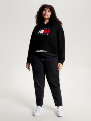 black curve cropped kabelgebreide hoodie met vlag voor dames - tommy jeans