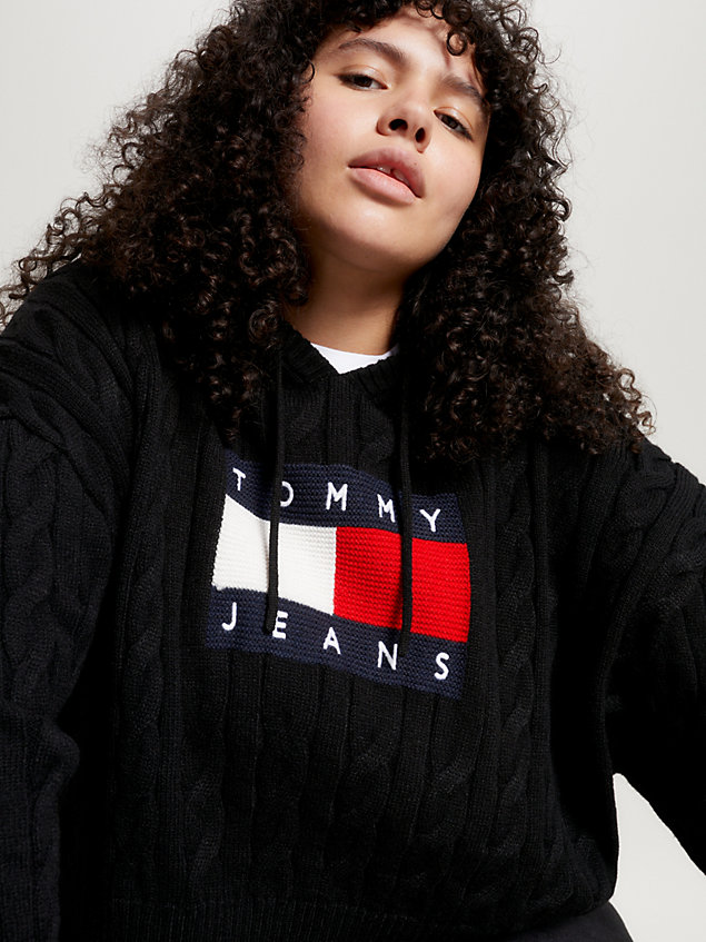 black curve cropped kabelgebreide hoodie met vlag voor dames - tommy jeans