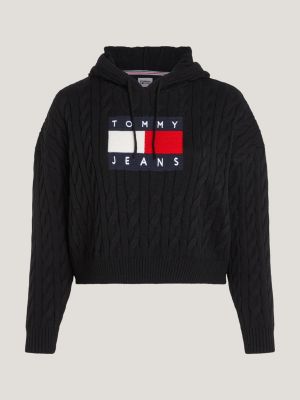 Curve Cropped Cable Knit Flag Hoody Black Tommy Hilfiger
