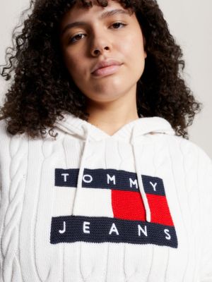 Curve Cropped Cable Knit Flag Hoody White Tommy Hilfiger