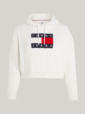 Curve Cropped Cable Knit Flag Hoody | White | Tommy Hilfiger