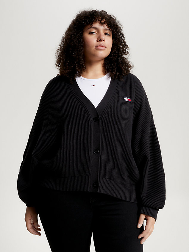 black curve essential ribbed v-neck relaxed cardigan for women tommy jeans
