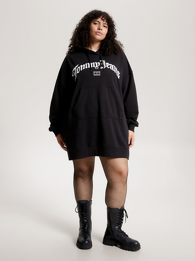 black curve hoodie-kleid mit grunge-logo für damen - tommy jeans