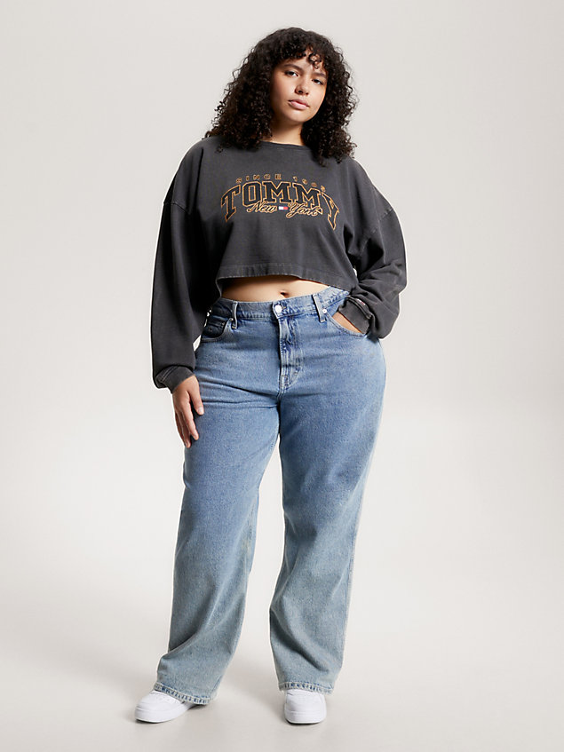 black curve varsity cropped fit sweatshirt für damen - tommy jeans