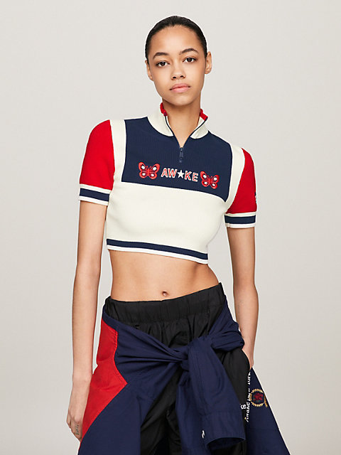 blue tommy x awake ny high neck crop top for women tommy jeans