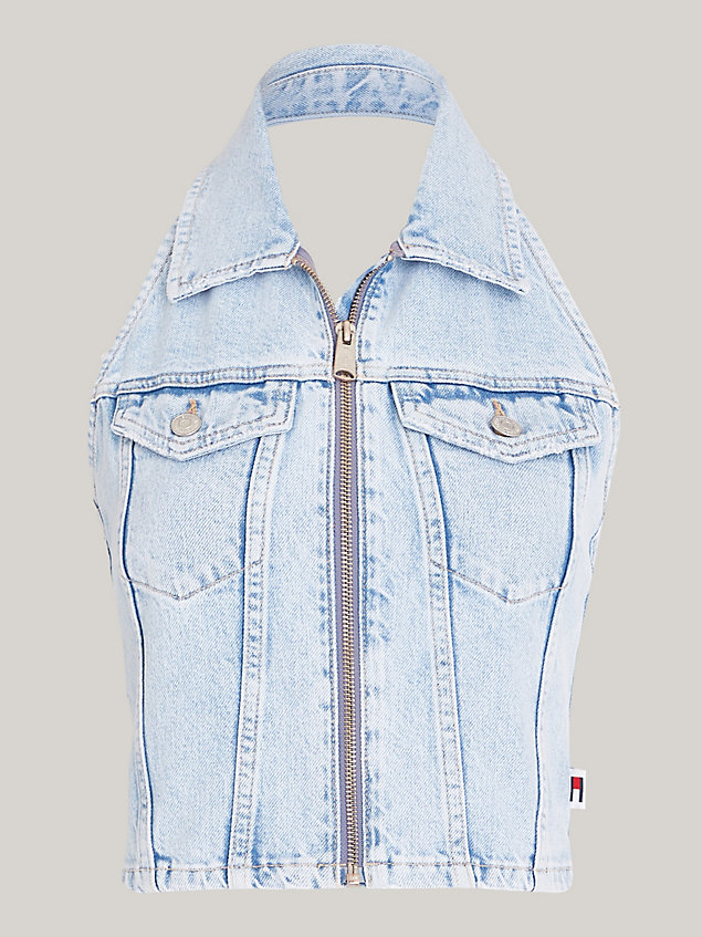 denim halterneck zip-thru denim crop top for women tommy jeans