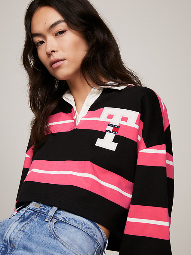 pink stripe cropped letterman terry rugby polo for women tommy jeans