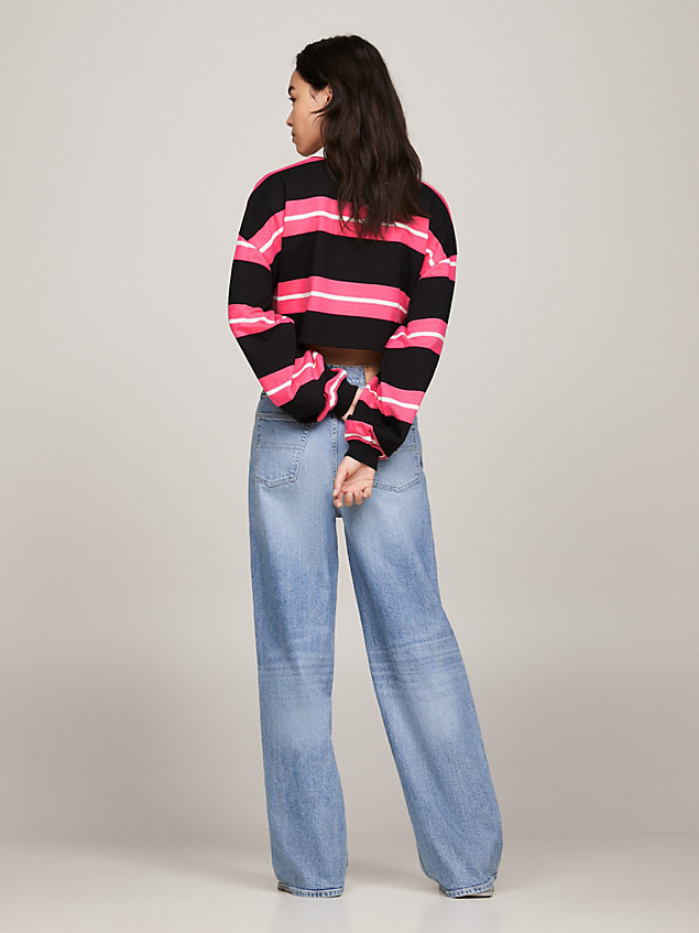 pink stripe cropped letterman terry rugby polo for women tommy jeans