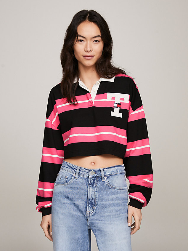polo rugby crop in spugna a righe pink da donne tommy jeans