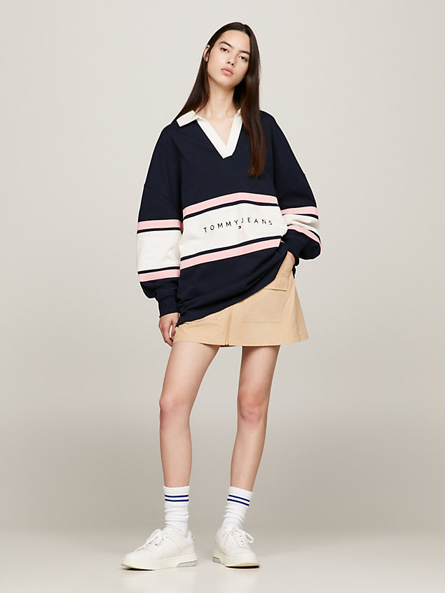 blue colour-blocked oversized rugby shirt for women tommy jeans