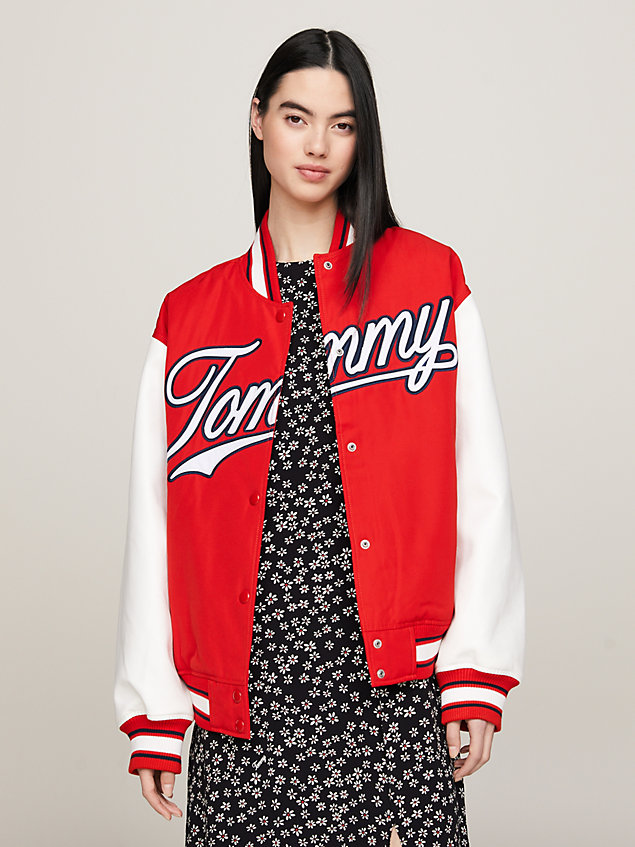 red colour-blocked letterman jacket for women tommy jeans