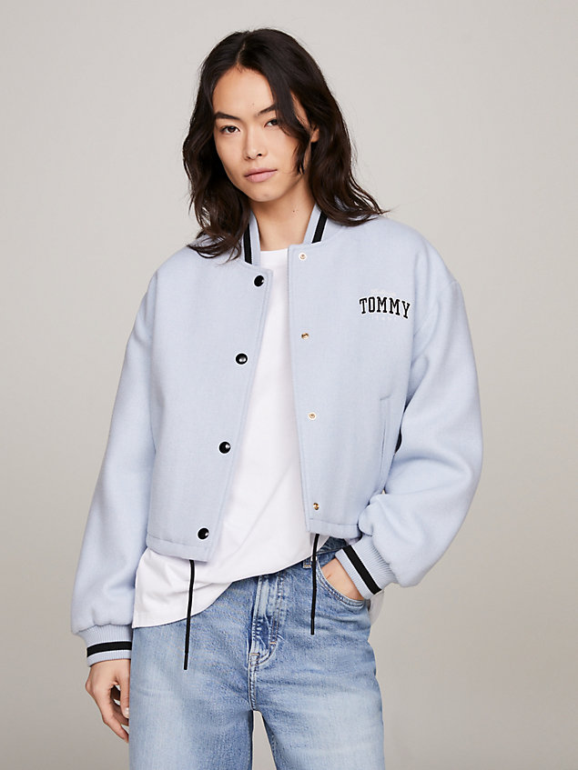 blue varsity padded cropped bomber jacket for women tommy jeans
