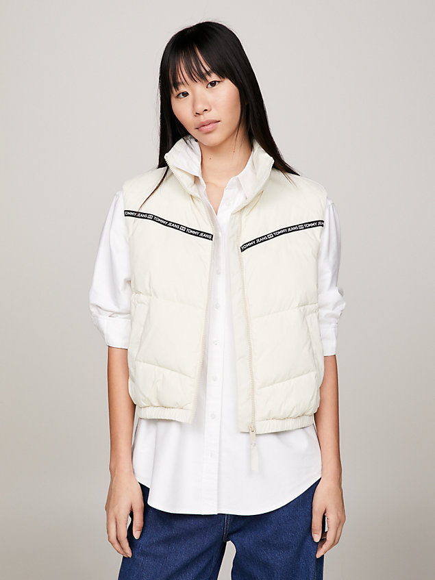 beige quilted logo tape puffer vest for women tommy jeans
