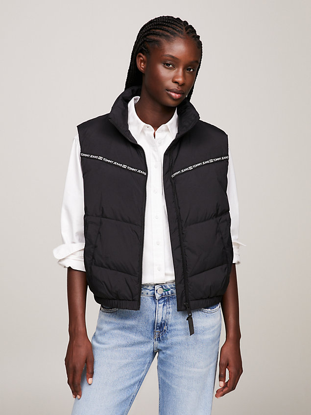 black quilted logo tape puffer vest for women tommy jeans
