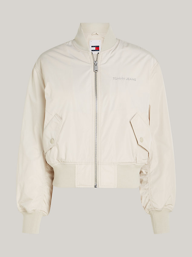 beige padded tonal logo bomber jacket for women tommy jeans