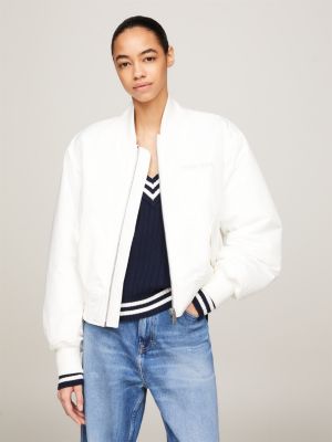  Tommy Hilfiger Chaqueta acolchada para mujer, Blanco  brillante/azul marino : Ropa, Zapatos y Joyería