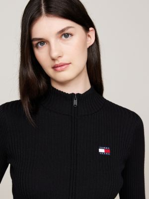 Badge Zip-Thru Rib-Knit Cardigan | Black | Tommy Hilfiger