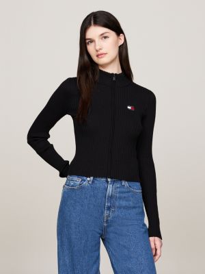 Badge Zip-Thru Rib-Knit Cardigan | Black | Tommy Hilfiger