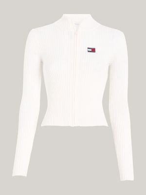 white badge zip-thru rib-knit cardigan for women tommy jeans